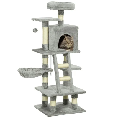 Abbildung von PawHut Kratzbaum Kratzstamm, Katzenkratzbaum mit Katzenbett, Spielball, für Katzen bis 4,5 kg Kratzmöbel, Sisal, Grau