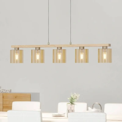 Abbildung von EGLO Hängelampe Castralvo, 5 flammige Pendelleuchte Esstisch, Hängeleuchte aus Glas in amber und Holz Natur, Esszimmerlampe hängend, E27 Fassung, 121 cm, FSC zertifiziert