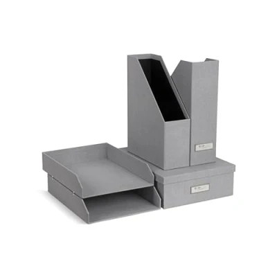 Abbildung von BIGSO Box OF SWEDEN HOLGER 5 teiliges Schreibtisch Set Ordnungssystem mit 2 Stehsammlern, Briefablagen und einer Organizer aus Faserplatte Papier in Leinenoptik hellgrau