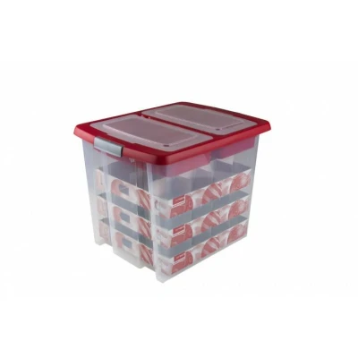 Abbildung von SUNWARE Nesta Weihnachtsbox 45 Ltr mit Tabletts für 48 Weihnachtskugeln (Ø70 80mm) transparent/rot