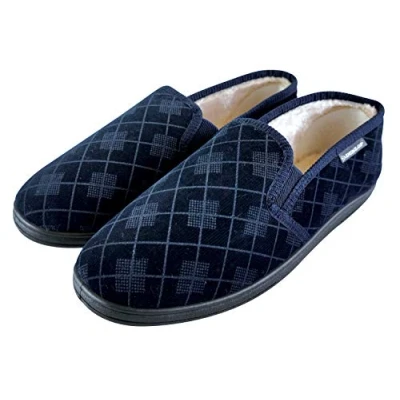 Abbildung von Dunlop Herren Memory Foam Winter Warm Gestrickt Mokassins Hausschuhe mit Gummisohle (46 EU, Navy)