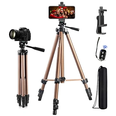 Abbildung von Handy Stativ, 130 cm (51 Zoll), verstellbare Videoaufnahme, Kamerastativ, mit Halterung und Bluetooth Fernbedienung, kompatibel iPhone/Android/DSLR Kamera/Action Kamera/GoPro Champagner