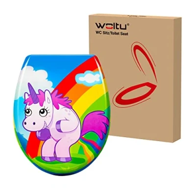 Abbildung von WOLTU WC Sitz mit Absenkautomatik,Toilettensitz Motiv, Toilettendeckel aus Duroplast, Stable Klodeckel Hochwertige Qualität Toilettenbrille,Antibakteriell Oval,Einhorn
