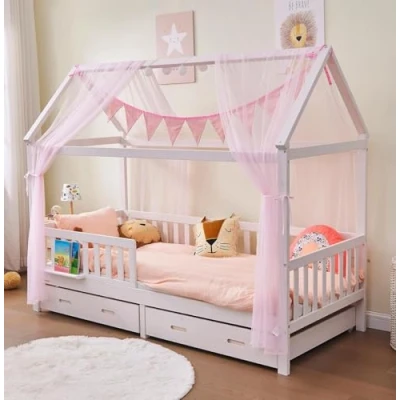 Abbildung von Alavya Home® Hausbett BUCHE CLOUD I KOMPLETT SET mit 2 Schubkästen (Kinderbett 80x160 cm Schublade inkl. Deko Rosa und Matratze), FSC zertifizierter aus Massivem Buchenholz