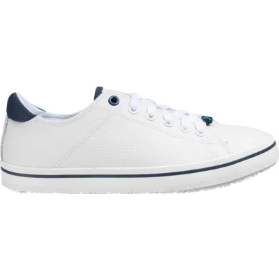 Abbildung von Oxypas Paola professioneller Leder Schnürschuh mit Oxygrip Anti Rutsch Sohle (SRC) und antistatischer ESD, Größe 42 EU, Weiß marineblauem Rand