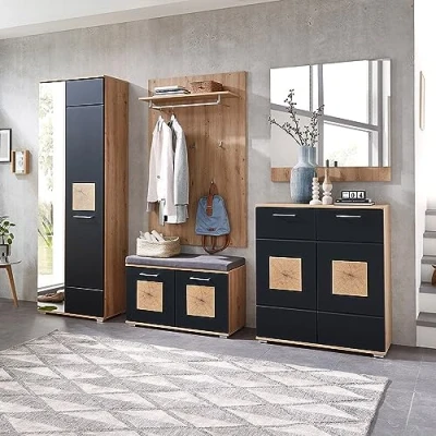 Abbildung von Lomadox Garderoben Set 5 teilig in braun mit schwarz Flurgarderobe Eiche supermatt Garderobenschrank, Garderobenpaneel, Flurbank, Schuhschrank, Spiegel