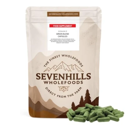 Abbildung von Bio Super Greens Mischkapseln mit Spirulina, Chlorella, Weizengras, Gerstengras Unterstützt Haut, Immunität 180 x 500 mg Grünes Superfood Ergänzungsmittel von Sevenhills Wholefoods