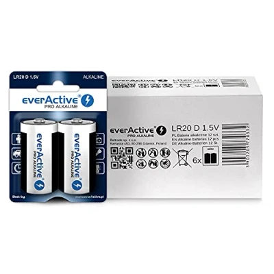 Abbildung von everActive D Batterien 12er Pack, Pro Alkaline, Mono LR20 R20 1.5V, höchster Leistung, 10 Jahre Haltbarkeit, 12 Stück 6 Blisterkarten