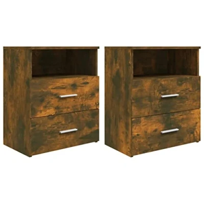 Abbildung von vidaXL 2X Nachttisch 1 Fach 2 Schubladen Nachtschrank Nachtkonsole Nachtkommode Schlafzimmer Schrank Kommode Räuchereiche 50x32x60cm Holzwerkstoff