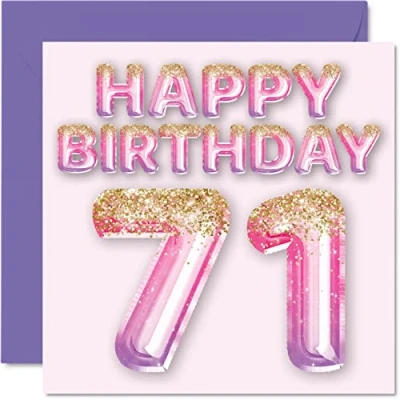 Abbildung von Geburtstagskarte zum 71. Geburtstag für Frauen rosa und lila Glitzerballons Happy Karten 71 Jahre alte Frau Mama Great Nanny Grandma Gran 145 mm Seveny One First Greeting Cards Gift