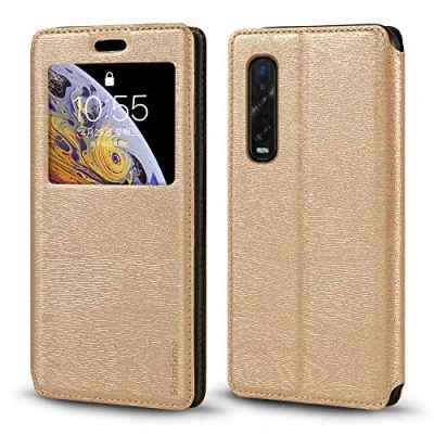 Abbildung von Shantime Oppo Find X2 Pro Hülle, Holzmaserung Lederhülle mit Kartenhalter und Fenster, Magnetische Flip Cover für Gold