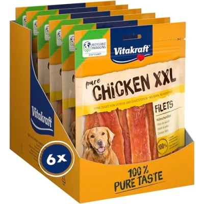 Abbildung von Vitakraft Pure Chicken XXL Filets, Hundeleckerli, Hühnchenfilet, Hunde Trainingsleckerli, ohne Zusatz von Zucker (6x 250g)