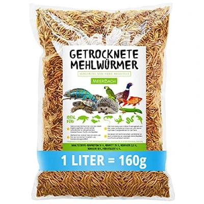Abbildung von Mehlwürmer getrocknet, 1 Liter (160g) Futtermittel im Beutel, Igelfutter, der proteinreiche Snack für Wildvögel, Fische, Reptilien, Schildkröten und Igel