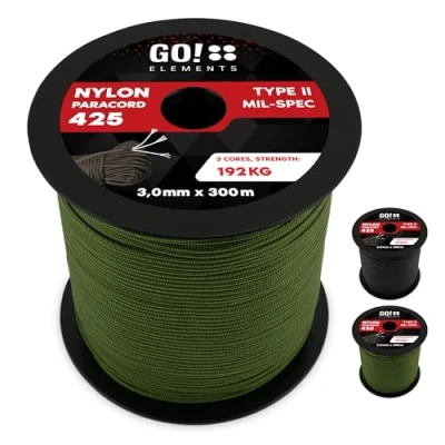 Abbildung von GO!elements 300m Paracord Seil aus reißfestem Nylon 3mm 425 Typ II max. 192kg Schnüre als Outdoor Seil, Allzweckseil, Survival Armband, Hundeleine, Nylonschnur, Farbe: Oliv
