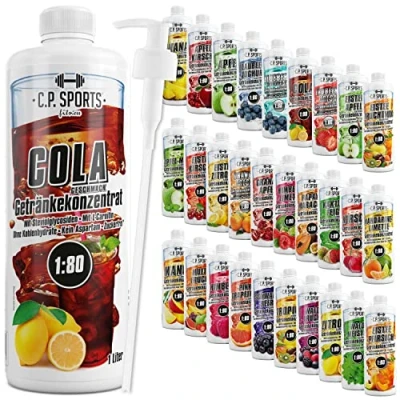 Abbildung von C.P. Sports Getränkesirup für Mineraldrink I Sirup zuckerfrei Vital Drink COLA mit Vitaminen Getränkekonzentrat zum Mischen Wasser Sport Getränk 1 Liter + Pumpspender