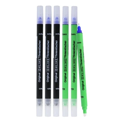Abbildung von Online Vorteils Pack 6x Tintenlöscher zum Löschen und Überschreiben in verschiedenen Farben, je 3x schwarz, grün Entfernung Korrektur blauer Tinte Schreibfarbe blau