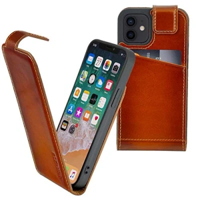 Abbildung von Suncase Original Flip Style (Ultra Slim) kompatibel mit iPhone 12 Mini (5.4&quot;) Hülle Ledertasche Tasche Schutzhülle Case Cover in Burned Cognac
