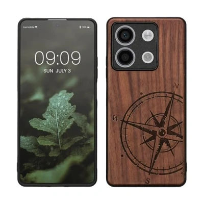 Abbildung von kwmobile Hülle kompatibel mit Xiaomi Redmi Note 13 5G Holz Case Handy Cover TPU Handyhülle in Dunkelbraun Kompass Vintage