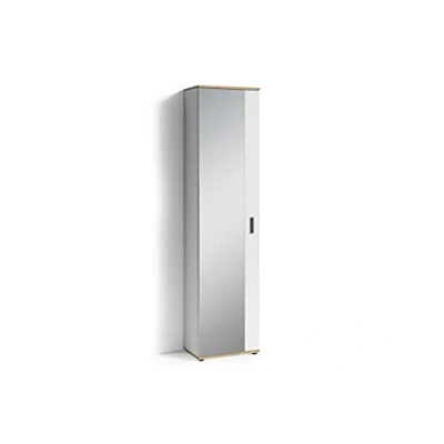 Abbildung von byLIVING Spiegel Schrank Jakob/Eintüriger Hochschrank mit Spiegeltür/weiß Artisan hell braun/Griffe Silber Farben/Tür rechts o. Links / 5 Fächer/Garderoben Schrank/B 49, H 196, T 30 cm