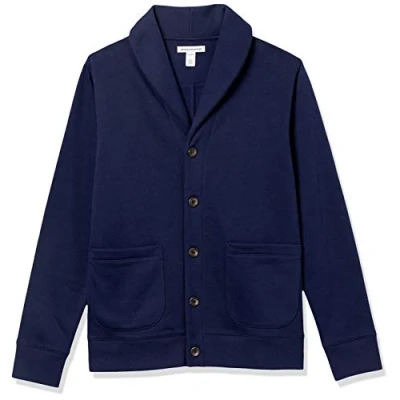Abbildung von Amazon Essentials Herren Strickjacke aus Fleece mit Langen Ärmeln und Schalkragen, Marineblau, S