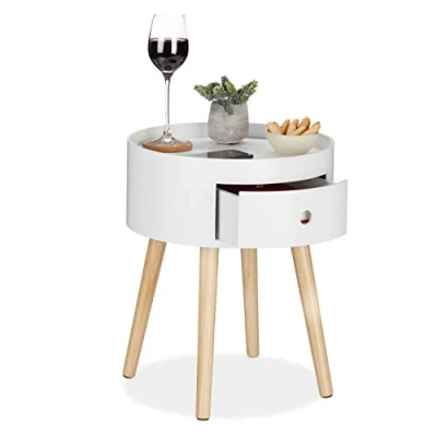 Abbildung von Relaxdays Beistelltisch rund, Schublade, Holzbeine, skandinavisches Design, minimalistisch, HxD 46 x 38 cm, weiß/Natur, 1 Stück