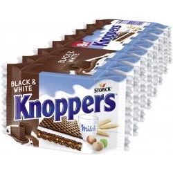 Abbildung von Knoppers Black and White 8 x 25g Gefüllte Waffelschnitte mit dunklen Kakaowaffeln, Gebäckstückchen und Nougatcremefüllung