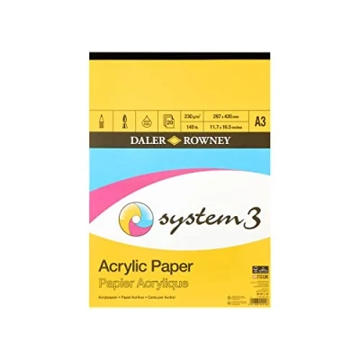 Abbildung von Daler Rowney System3 Acrylpapier, Leinenstruktur, 230 g/m², A3, einseitig geklebt, 20 weiße Blätter, ideal für professionelle Künstler und Studenten
