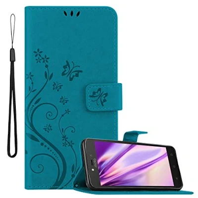 Abbildung von Cadorabo Hülle kompatibel mit Motorola Moto C Plus Blumen Design aus Kunst Leder Flip Klappbare Magnetische [Standfunktion] [Kartenfächern] Cover für Tasche in Blau