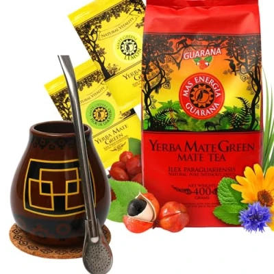 Abbildung von Yerba Mate Tee GREEN Starter Set ● mit Guarana und Mango Aroma 400g keramik becher Kalebasse PERU 350ml Edeltahl trinkhalm Bombilla Liza 19cm