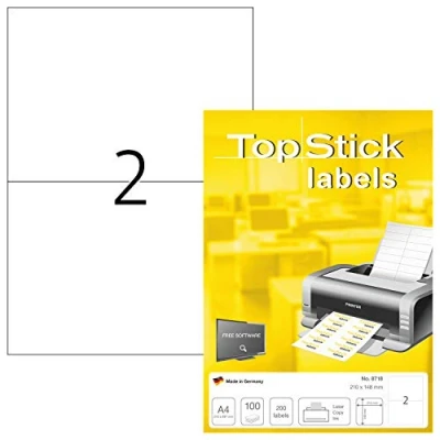 Abbildung von TopStick 8718 Universal Etiketten, 1000 Blatt, 210 x 148 mm, 2 pro A4 Bogen, 2000 Stück, selbstklebend, bedruckbar, matt, blanko Papier Klebeetiketten Aufkleber, weiß