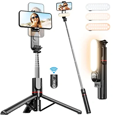 Abbildung von Stable Selfie Stick Stativ mit Abnehmbarer Fülllicht, 111cm Erweiterbar Handy Kabelloser Fernbedienung um 360 Drehbar für iPhone, Samsung, Huawei, Sony und Andere Smartphones