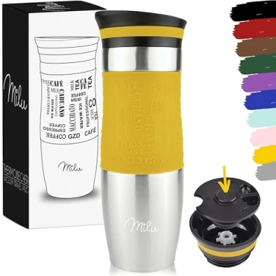 Abbildung von Milu Thermobecher Kaffee to go 370ml, 450ml Isolierbecher Kaffeebecher 100% Auslaufsicher Trinkbecher aus Edelstahl Autobecher doppelwand Isolierung Thermo Becher Travel Mug (Mango, 450ml)