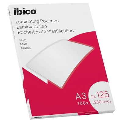 Abbildung von Ibico Laminierfolien A3 Matt 250 Mikron (2 x 125 mic), 100 Stück, Beschriftbare Heißlaminierfolien, Abgerundete Ecken, Ideal für Schule oder Büro, 627324