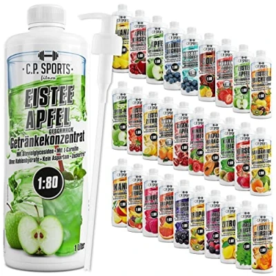 Abbildung von C.P. Sports Getränkesirup für Mineraldrink I Sirup zuckerfrei Vital Drink EISTEE APFEL mit Vitaminen Getränkekonzentrat zum Mischen Wasser Sport Getränk 1 Liter + Pumpspender