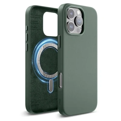 Abbildung von elago Magnetisch Leder Hülle Kompatibel mit iPhone 16 Pro Max 6,9 Zoll, Allen MagSafe Zubehör, Eingebaute Magnete, Veganes Leder, Stöße, Wasserfest (Nachtgrün)