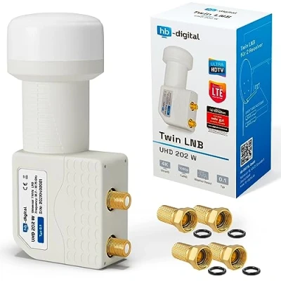 Abbildung von hb Digital Twin LNB (Test SEHR GUT *) LNC Kopf 2 Teilnehmer Direkt LTE Protected Satelliten Sat Full HD TV 3D 4K UHD Kontakte vergoldet Wetterschutz Weiß White + 4X F Stecker