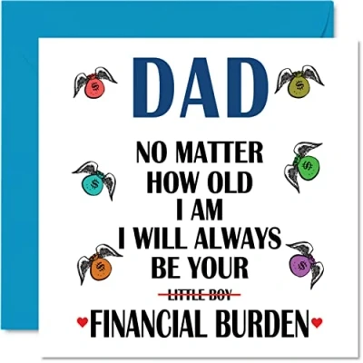 Abbildung von Stuff4 Lustige Vatertagskarten für Papa Finanzbelastung Witz Happy Birthday Karte vom Sohn, Banter Vater Geburtstagsgeschenke, 145 mm x Vatertagsgrußkarten Geschenk