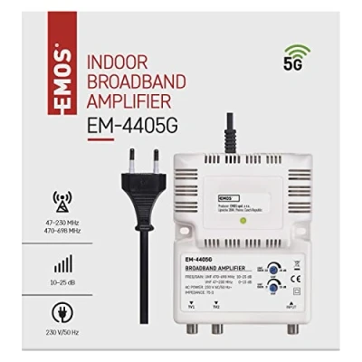 Abbildung von EMOS Breitband Verstärker 25 dB (Frequenzbereich 47230 MHz, 470698 MHz) für DVB T2, Kabelfernsehen oder Antennen, 1 Eingang, 2 Ausgänge, 10,5 x 13,5 4 cm