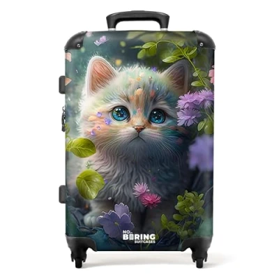 Abbildung von NoBoringSuitcases.com© Kinderkoffer Kätzchen Blumen Wald Illustration Katze 67 cm 72 L, 4 Rollen, Mittelgroßer Reisetasche mit Rollen für 20kg,