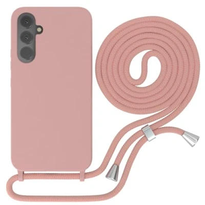 Abbildung von EAZY CASE Schutzhülle mit Handykette kompatibel Samsung Galaxy A54 Kameraschutz und Bildschirmschutz, TPU Silikon Bumper, in Kombi Alt Rosa Handyband Clips Silber