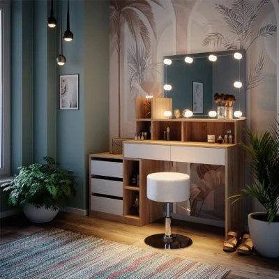 Abbildung von Vicco Schminktisch Anja, Weiß/Sonoma, 139.8 cm mit LED Beleuchtung und Hocker