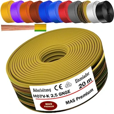 Abbildung von MAS Premium Von 5 bis 100m Aderleitung H07 V K 2,5 mm² SW, HBL, GNGE, RT, DBL, BR, OR, GR, WS, VIO oder GE Einzelader flexibel (Grün/Gelb, 20m)