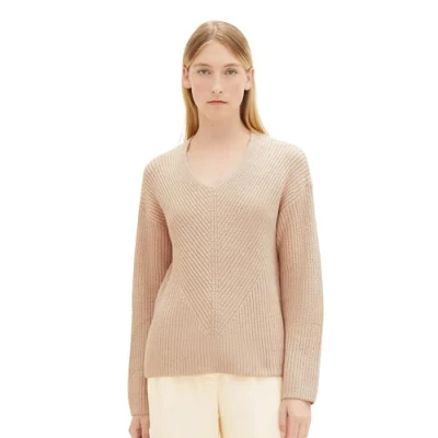 Abbildung von TOM Tailor Vneck Strickpullover, Damen, Größe: Large, Doeskin melange