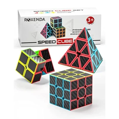 Abbildung von Roxenda Zauberwürfel Set, Original Speed Cube Set mit 2x2 3x3 Pyramide Speedcube, Einfaches Drehen &amp; Flüssiges Spielen, Aufkleber Version (Kohlefaser)