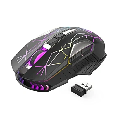Abbildung von Kabellose Gaming Maus, 2400 DPI, Seitentaste, USB Empfänger, Atmung RGB Beleuchtung, 7 Tasten Lautloses Klicken, 2.4 GHz Wiederaufladbar Wireless Mouse, Maus für Laptop, PC Stern Schwarz