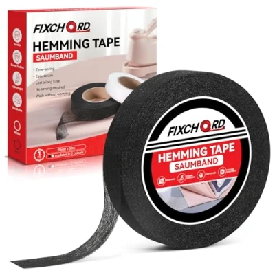 Abbildung von FIXCHORD Saumband, Saumband zum Aufbügeln, Bügelband kürzen für Vorhänge, Bügelkleber Textilien, Gardinen ohne Nähen (Schwarz, 30m x 20mm)