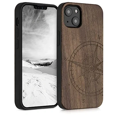 Abbildung von kwmobile Hülle kompatibel mit Apple iPhone 13 Holz Case Handy Cover TPU Handyhülle in Dunkelbraun Kompass Vintage