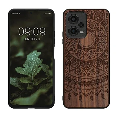 Abbildung von kwmobile Hülle kompatibel mit Xiaomi Redmi Note 12 5G / Poco X5 Holz Case Handy Cover TPU Handyhülle in Dunkelbraun Indische Sonne