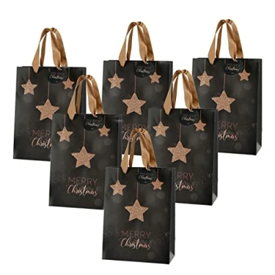 Abbildung von Spetebo Geschenkpapier Weihnachts Geschenktüte MERRY CHRISTMAS 6er Set, Noname (6St), Flaschentüte mit Trageband Papiertasche Flaschentasche Wichtel Tüte