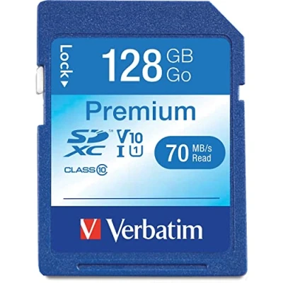 Abbildung von Verbatim Premium U1 SDXC Speicherkarte, 128 GB, SD Karte für Full HD Videoaufnahmen, mit integriertem Schreibschutz, Speicherkarte schwarz, ua. Kamera und PC